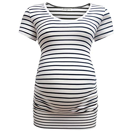 Bearsland Womens Maternity Tshirt 3 Packs Classic Side Ruched Tee Top Mama Pregnancy Clothes - color: Black+russetred+witstripe(3pcs), size: Small