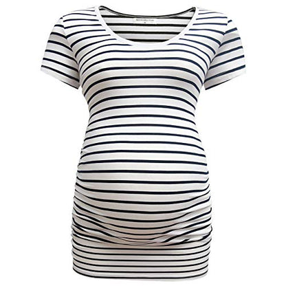 Bearsland Womens Maternity Tshirt 3 Packs Classic Side Ruched Tee Top Mama Pregnancy Clothes - color: Black+russetred+witstripe(3pcs), size: Small