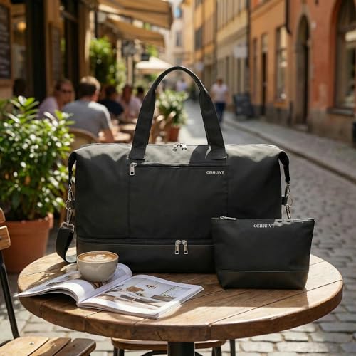 Oeihuivt Weekender Bags for Women with 3 Extra Pack - 21 Inch Large Travel Duffel Bag Set with Shoe Compartment, Heavy-Duty nylon Carry On Overnight Tote - color: Black-C