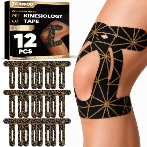 TEAWOO PreCut Kinesiology Tape for Knees, 12P Extra Adhesive Athletic Tape