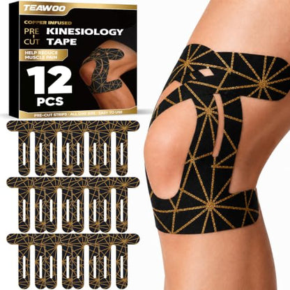 TEAWOO PreCut Kinesiology Tape for Knees, 12P Extra Adhesive Athletic Tape