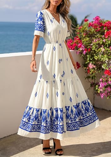 PRETTYGARDEN Womens Short Sleeve Boho Maxi Dress - color: Apricot Blue Flower, size: Medium