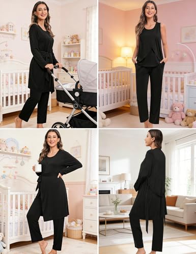 SWOMOG Maternity Nursing Robe Set 3 PCS Postpartum Breastfeeding Pajamas Hospital Pregnancy Pjs Double Layer Lounge Set - color: Black, size: Small