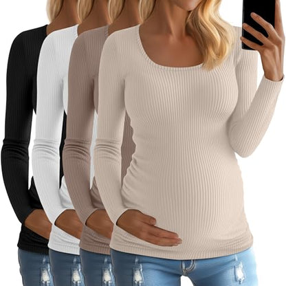 Huukeay 4 Pack Womens Maternity Shirt Long Sleeve Pregnancy Top - color: Black, White, Light Brown, Apricot, size: Small