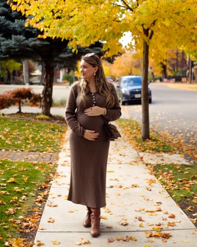 OUGES Women's Wool Blend Maternity Sweater Dress Fall Baby Shower Dress - color: Coffee, size: Large