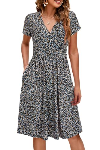 OUGES Women's Wrap V Neck Summer Casual Maternity Nursing Dress - color: Black Blue Floral, size: Small