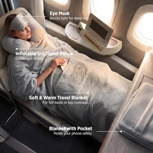 Bedsure Travel Blanket Set with Inflatable Neck Pillow and Eye Mask, Grey - color: Grey