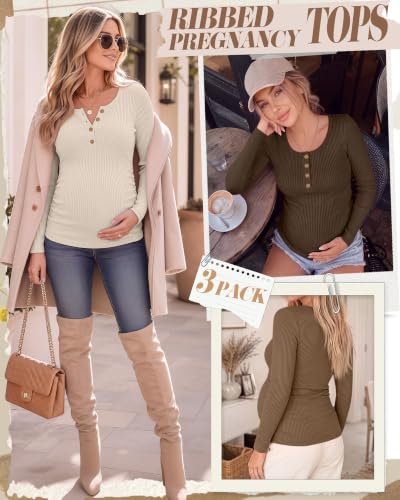 Huukeay 3 Pack Womens Maternity Long Sleeve Shirts - color: Apricot, Light Coffee, Coffee, size: Medium