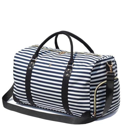 Travel Duffle Bag, Weekender Bag for Women with Shoe Compartment, Carry on Overnight Bag Gym Duffel Bag, Mommy Hospital Bags - color: Canvas Navy White