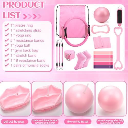 RoundFunny 18Pcs Pilates Ring Set, Women Exercise Accessories - color: Pink
