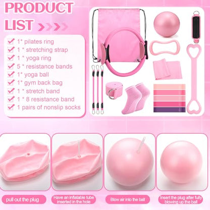 RoundFunny 18Pcs Pilates Ring Set, Women Exercise Accessories - color: Pink