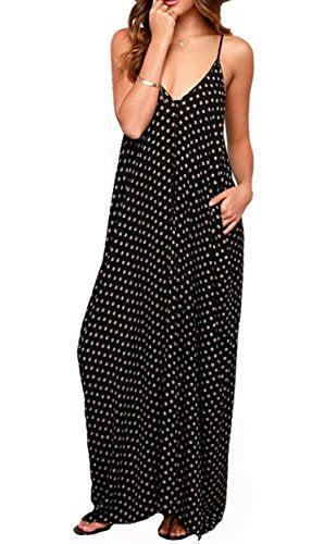 LILBETTER Women V-Neck Polka Dot Print Spaghetti Strap Boho Long Maxi Dresses - color: 01black Dot, size: Large