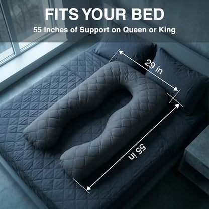 U Shaped Pillow Full Body Support Quilted 55 in Charcoal - color: Quilted – Charcoal
