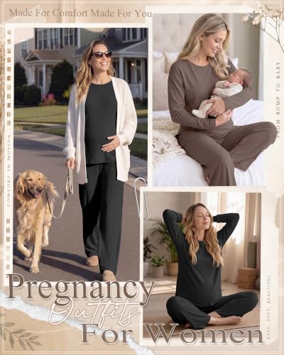 Huukeay 2 Pack Maternity Long Sleeve Pajamas Sets - color: Black, Coffee, size: X-Large