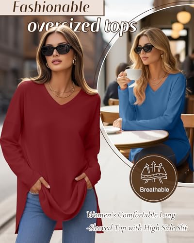 Huukeay 3 Pack Women's Oversized Long Sleeve V Neck Shirts - color: Black, Haze Blue, Wine Red, size: Small