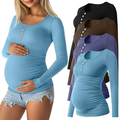 4 Pack Maternity Long Sleeve Shirts Pregnancy Tops - color: Black, Coffee, Dark Blue, Teal, size: Medium