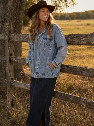LifeShe Women's oversized Jean Jacket distressed denim Coat with Pockets - color: Light Blue, size: X-Large