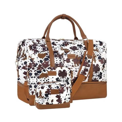 Weekender Bags for Women, Large Travel Duffel Bag, Carry on Overnight Bag - color: C-3PCS Black Brown Cow