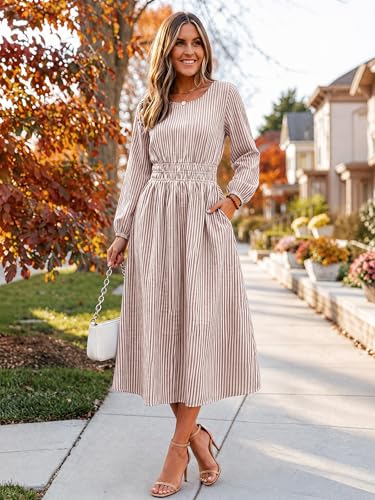 ANRABESS Women's Long Sleeve Striped Fall Midi Dress with Pockets - color: Light Brown White Stripe, size: Medium