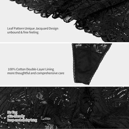 High Waisted Leaf Thick Waistband Lace Cotton Soft Thong Plus Size - color: 5 Pieces Black, size: Medium