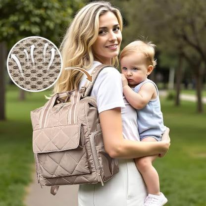 Omanmoli Diaper Bag Backpack Quilted Baby Bag Travel Breast Pump Backpack - color: Khaki