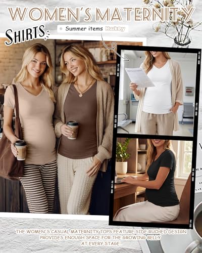 Huukeay 4 Pack Women's Maternity Shirts Pregnancy Top - color: Black, Khaki, Coffee, White, size: Small