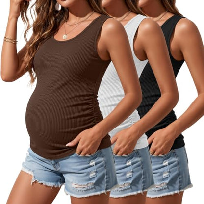 Riyiper 3 Pack Women's Maternity Tank Tops - color: Black, White, Coffee, size: Large