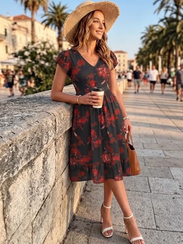 FENSACE Tulip Sleeve V Neck Button Down Dress with Pockets - color: Black Red Floral-4, size: X-Large