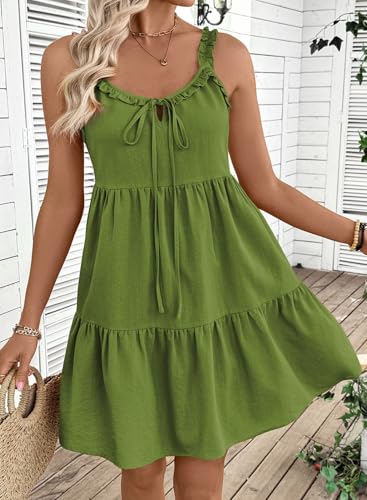 BLENCOT Maternity Dress Sleeveless Tie-Front Ruffle Strap Smocked Tiered Midi Dress with Pockets - color: Green, size: Small