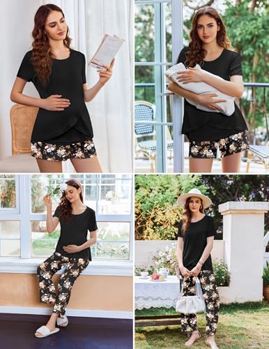 Ekouaer 3 PCS Maternity Nursing Pajamas Set Postpartum Breastfeeding PJS - color: Black Print, size: Medium