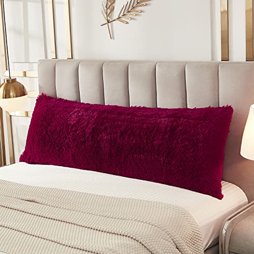 JAUXIO Faux Fur Fluffy Body Pillow Cover Luxury Shaggy Plush Decorative Solid Body Pillowcase, Ultra Soft and Cozy Zipper Closure 54 x 21 Inches, Burgundy - color: Burgundy