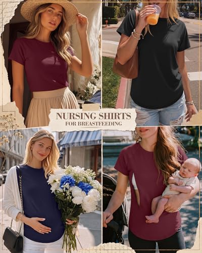 3 Pack Womens Nursing Tops - color: Wine Red, Navy Blue, Black, size: Small