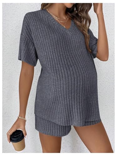 MakeMeChic Women's Maternity 2 Piece Sets Ribbed Shirt and Biker Shorts - color: Grey a, size: Small