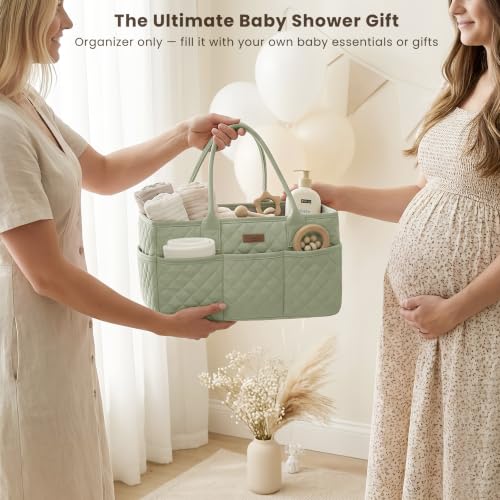 Konssy Baby Diaper Caddy Organizer, Solid Design with PU Leather Handles - color: Fog Green