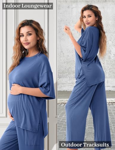 Maternity Lounge Set, 2 Piece Matching Set with Wide Leg Pants - color: Deep Blue, size: X-Large
