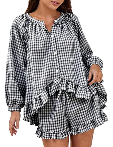 COZYPOIN Womens Gingham Pajama Set 2 Piece 100% Cotton Ruffle Lounge Set - color: Black, size: Medium