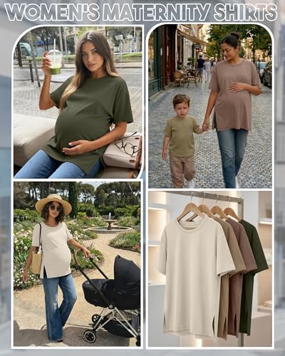 Riyiper 4 Pack Women's Short Sleeve Maternity T Shirts - color: Army Green, Coffee, Khaki, Cream, size: Medium