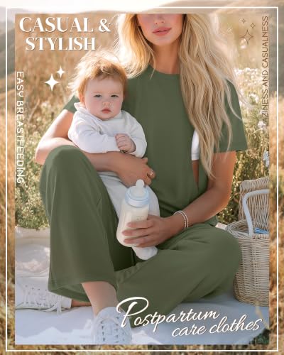 Ficerd 2 Pack Maternity Nursing Pajama Breastfeeding Sets Pjs - color: Army Green, Coffee, size: Medium