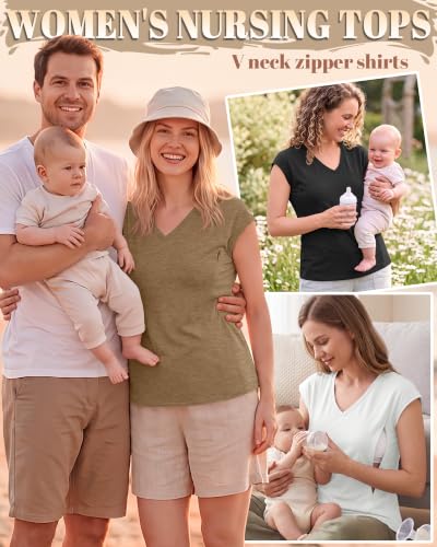 3 Pack Womens Nursing Tops V Neck - color: Light Brown, White, Black, size: Medium