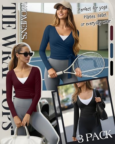 Oakgarden 3 Pack Womens Pilates Wrap Tops Ballet Tie Wrap Shirts - color: Black, Navy Blue, Wine Red, size: X-Large