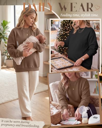 Locoowai 2 Pack Women's Oversize Nursing Sweatshirts - color: Brown, Black, size: Small