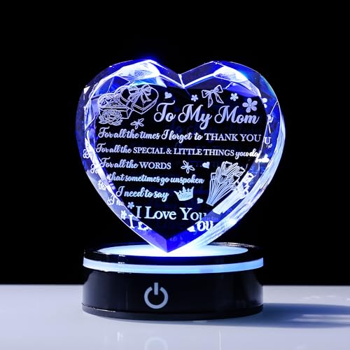 Mom Crystal Heart Keepsake with LED Base, Laser Engraved Love Message Gift - color: Mom Gift