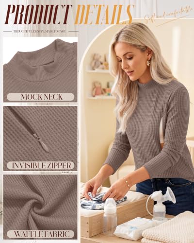 Huukeay 4 Pack Women's Long Sleeve Waffle Nursing Shirts - color: Army Green, Khaki, Light Gray, Black, size: X-Large