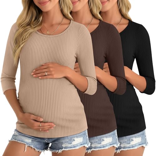 Neer 3 Pack Women's 3/4 Sleeve Crew Neck Maternity Tops - color: Khaki, Brown, Black, size: Medium