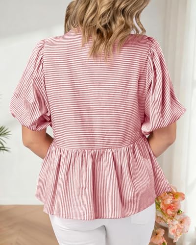 dowerme Women Lantern Sleeve Button Up Stripes Babydoll Tops - color: Red, size: Large