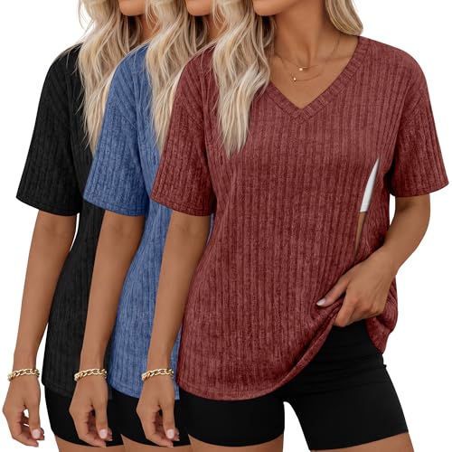 Huukeay 3 Pack Women's V Neck Nursing T-Shirts - color: Dark Red, Denim Blue, Black, size: Small
