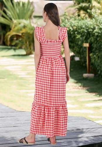 chouyatou Women's Retro Plaid Smocked Dress Spaghetti Strap Flounce Long Dress - color: Red, size: Medium