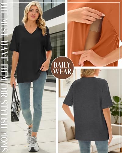4 Pack Women's Oversize Nursing Tops - color: Fuchsia, Orange, Dark Gray, Black, size: Small