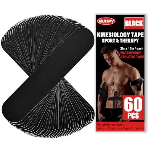 60 Pcs Black Precut Kinesiology Tape Strips, 2in x 10in Kinetic Tape - color: Black