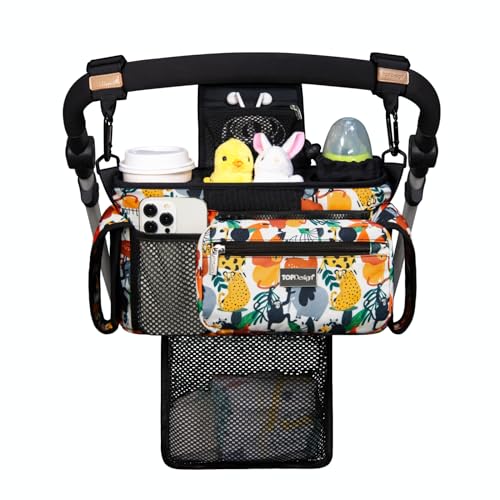 TOPDesign Universal Baby Stroller Organizer, Stroller Caddy with Detachable Mesh Bag & Heightened Insulated Cup Holders & Non-Slip Secure Hooks Accessories, Fits Most Strollers (Zoo) - color: Zoo, style: Pro